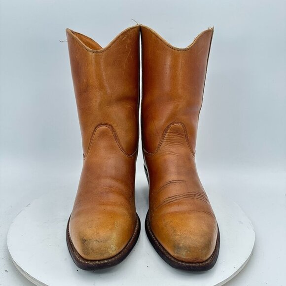 Double-H Women Size 7B Brown Tan Leather Pull On Low Heel Western Cowboy Boot - Picture 2 of 14